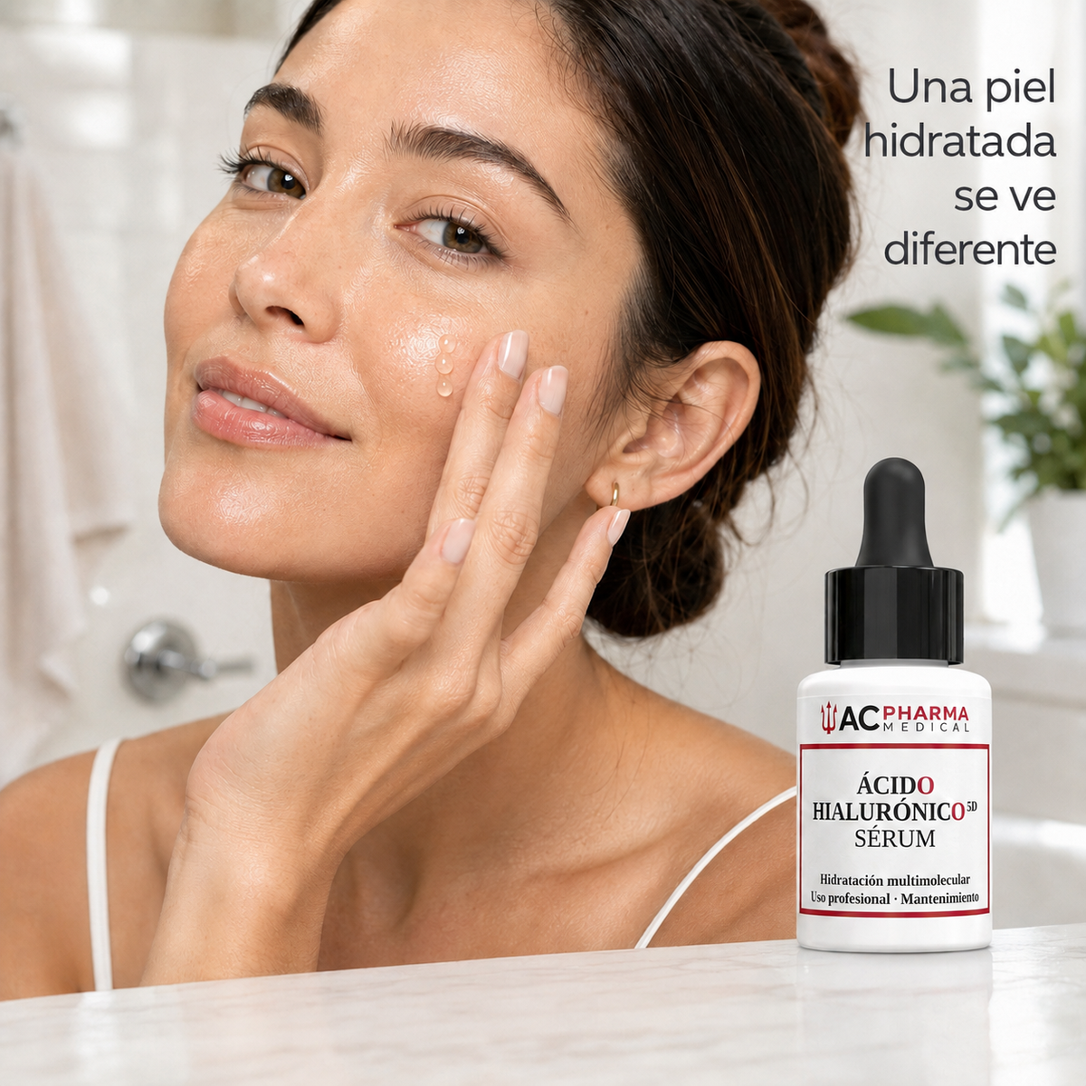 Mujer aplicando sérum de ácido hialurónico sobre el rostro