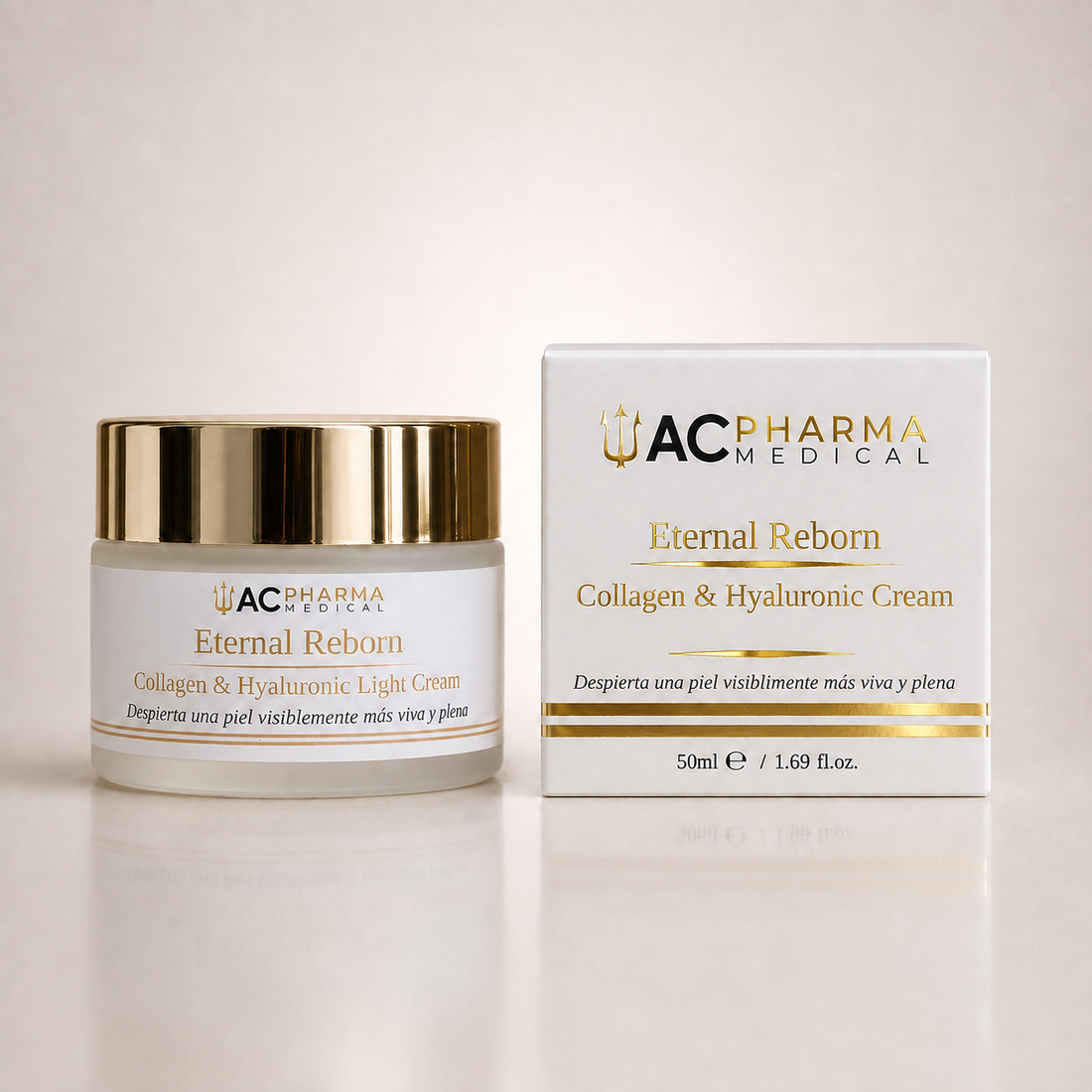Eternal Reborn crema antiedad con colágeno marino y ácido hialurónico junto a su caja