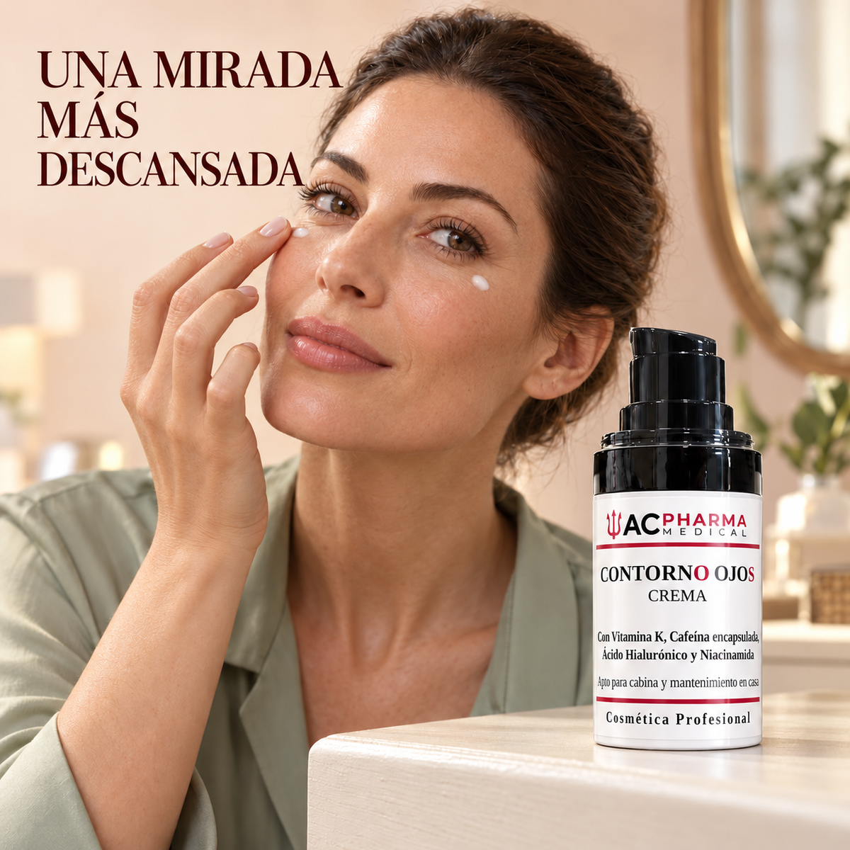 Mujer aplicándose crema bajo el ojo junto al contorno de ojos ACpharma Medical