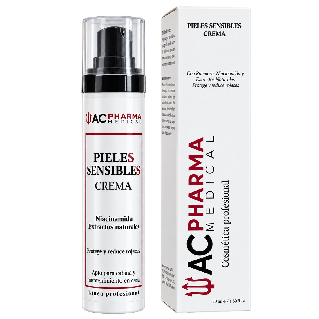 Crema Antirrojeces para Piel Sensible ACpharma Medical de 50 ml, con dosificador negro, tapón transparente y caja blanca con detalles burdeos.