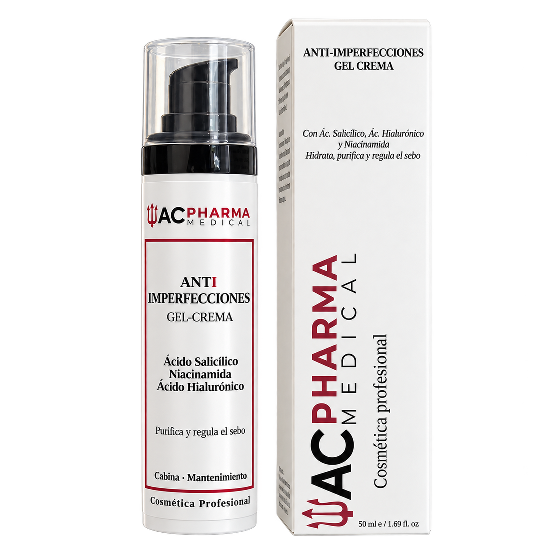 Gel-crema antiimperfecciones ACpharma de 50 ml con envase dosificador blanco y burdeos junto a su caja