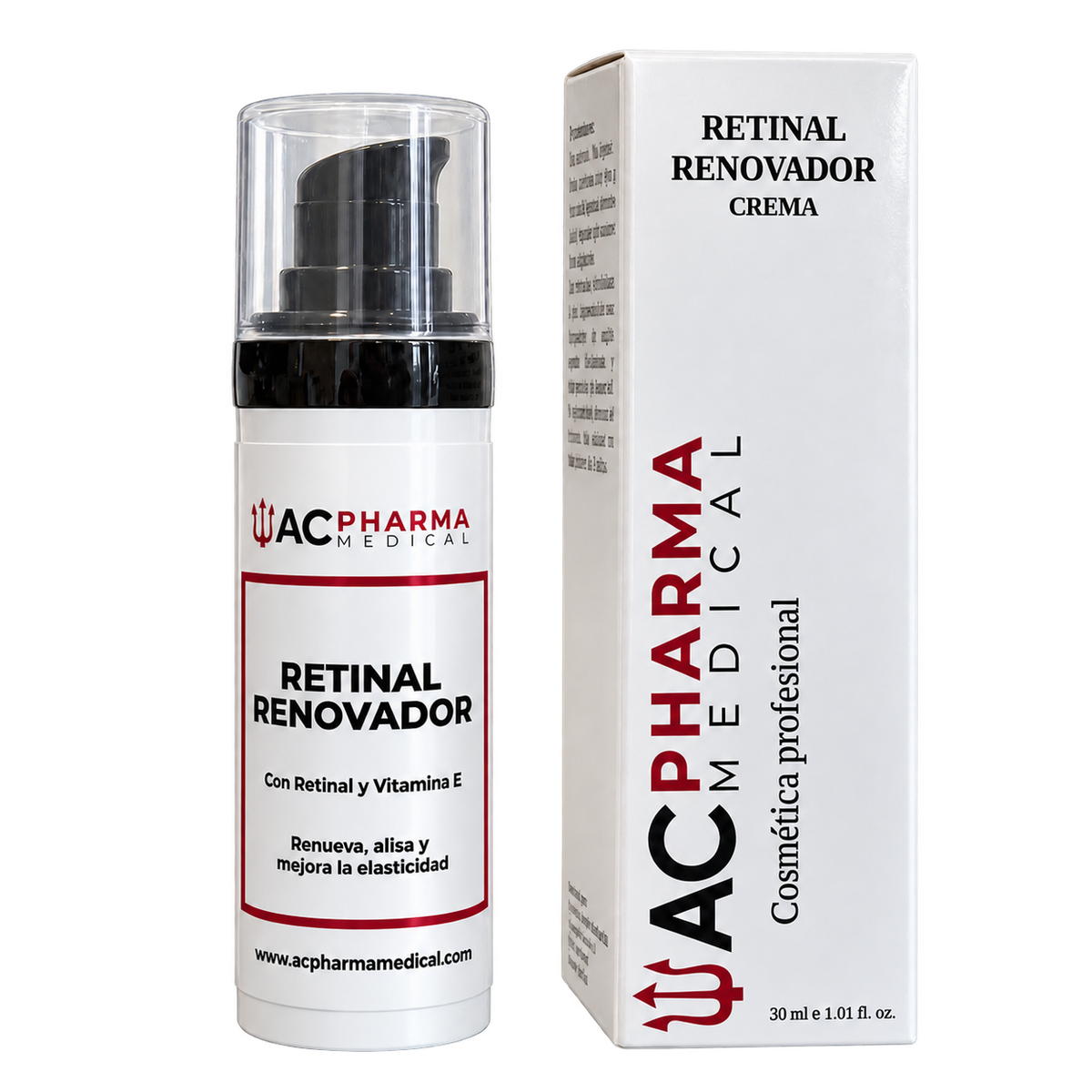 Envase de Retinal Renovador de ACpharma Medical junto a su caja, formato de 30 ml.