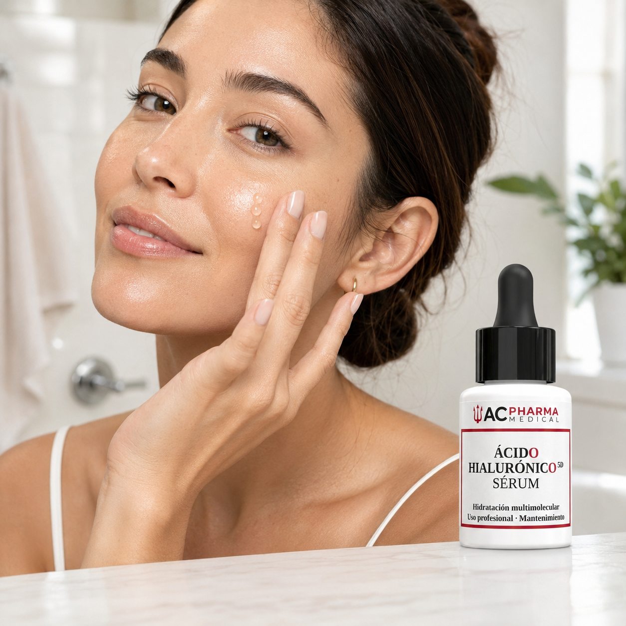 Aplicación de sérum de ácido hialurónico en el rostro para una rutina de hidratación facial