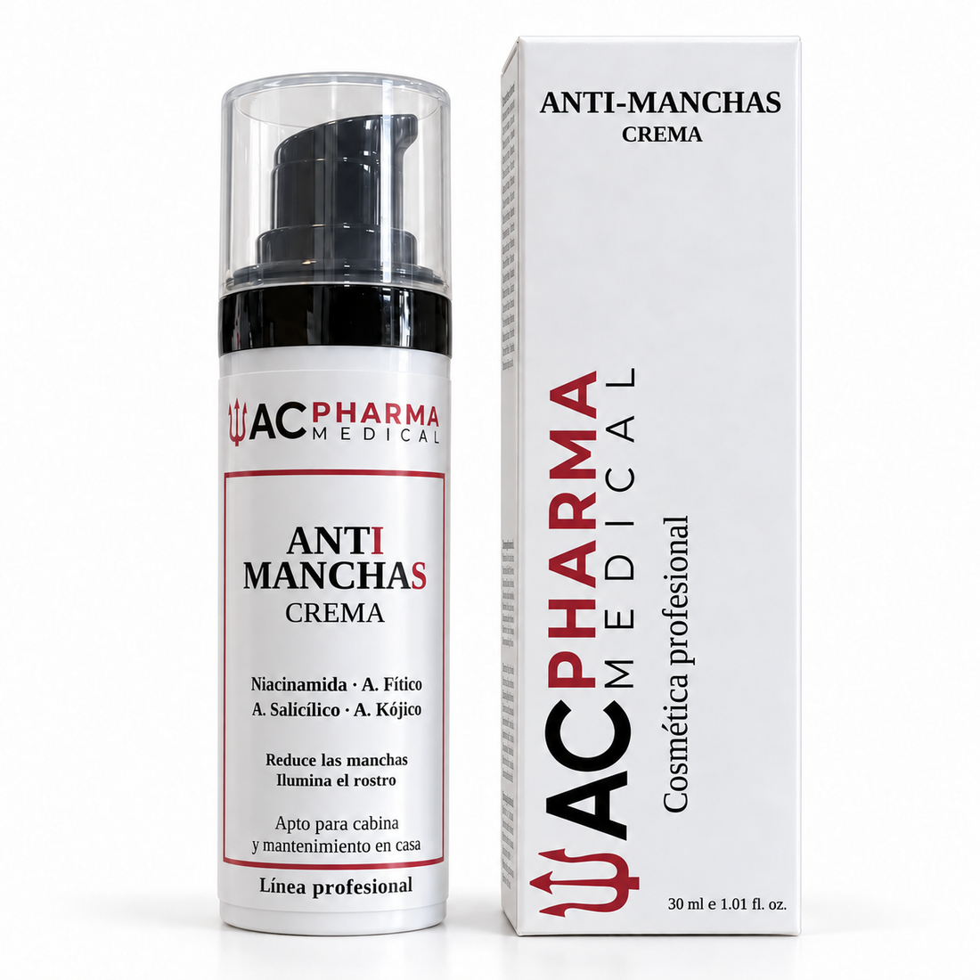 Crema facial antimanchas ACpharma Medical de 30 ml con su caja sobre fondo blanco