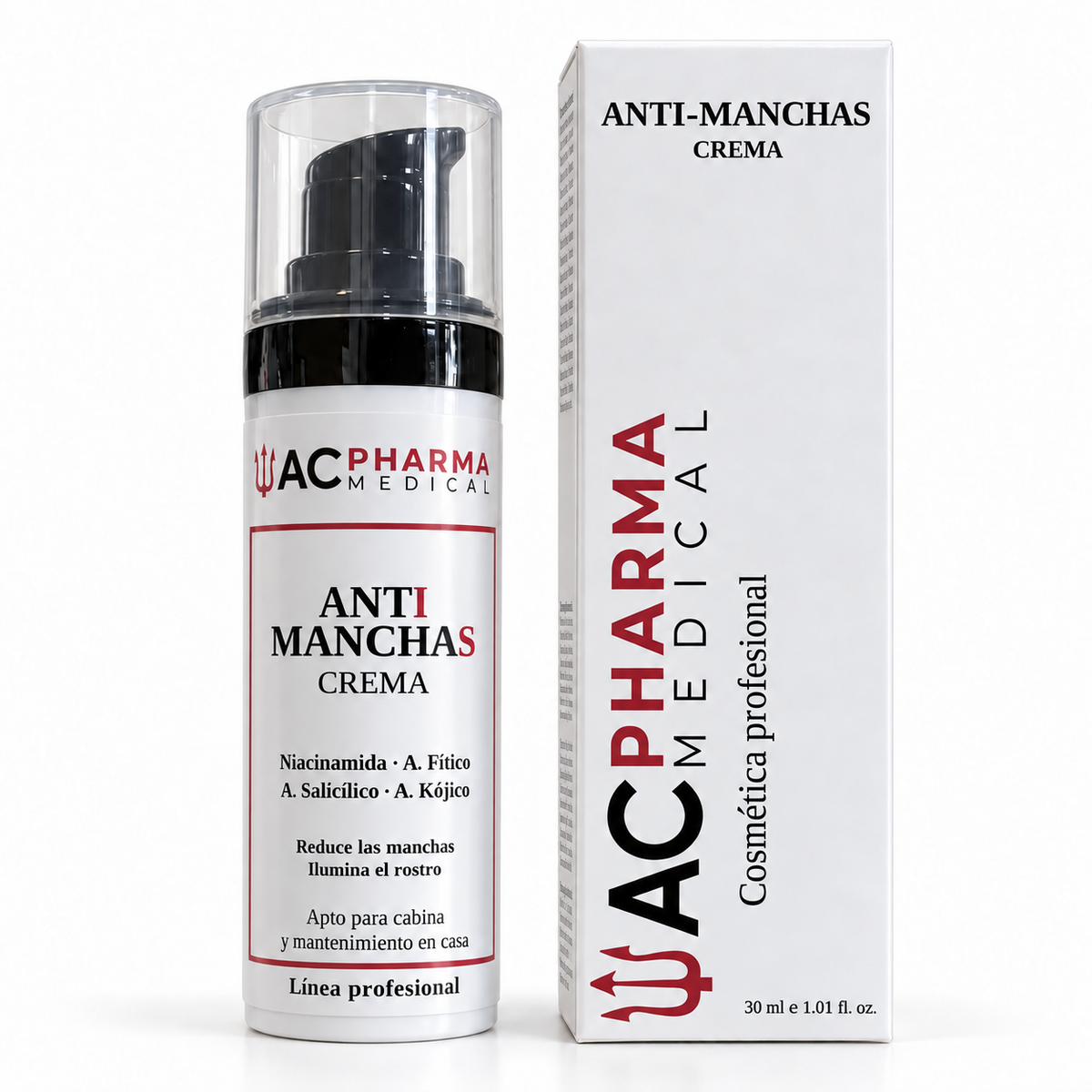 Crema facial antimanchas ACpharma Medical de 30 ml con su caja sobre fondo blanco