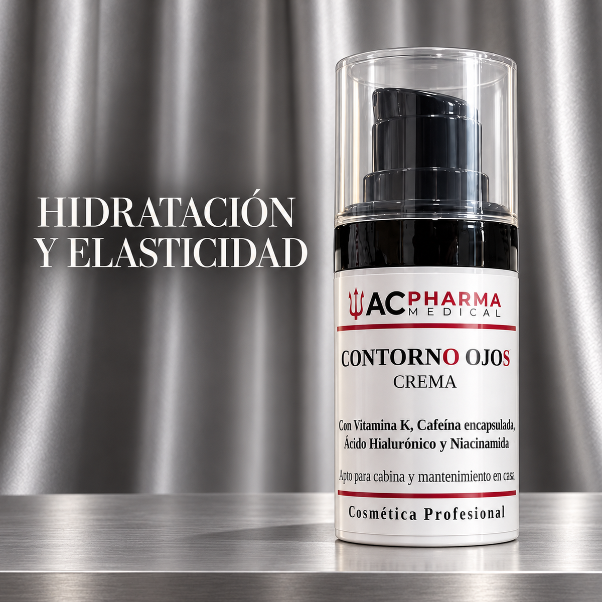 Contorno de ojos ACpharma Medical sobre fondo plateado con el texto Hidratación y elasticidad