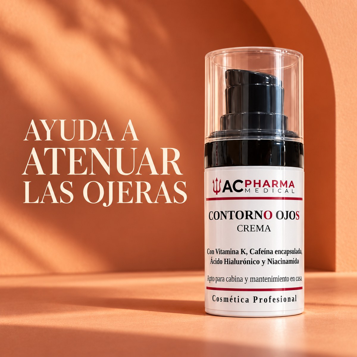 Contorno de ojos ACpharma Medical sobre fondo coral con el texto Ayuda a atenuar las ojeras