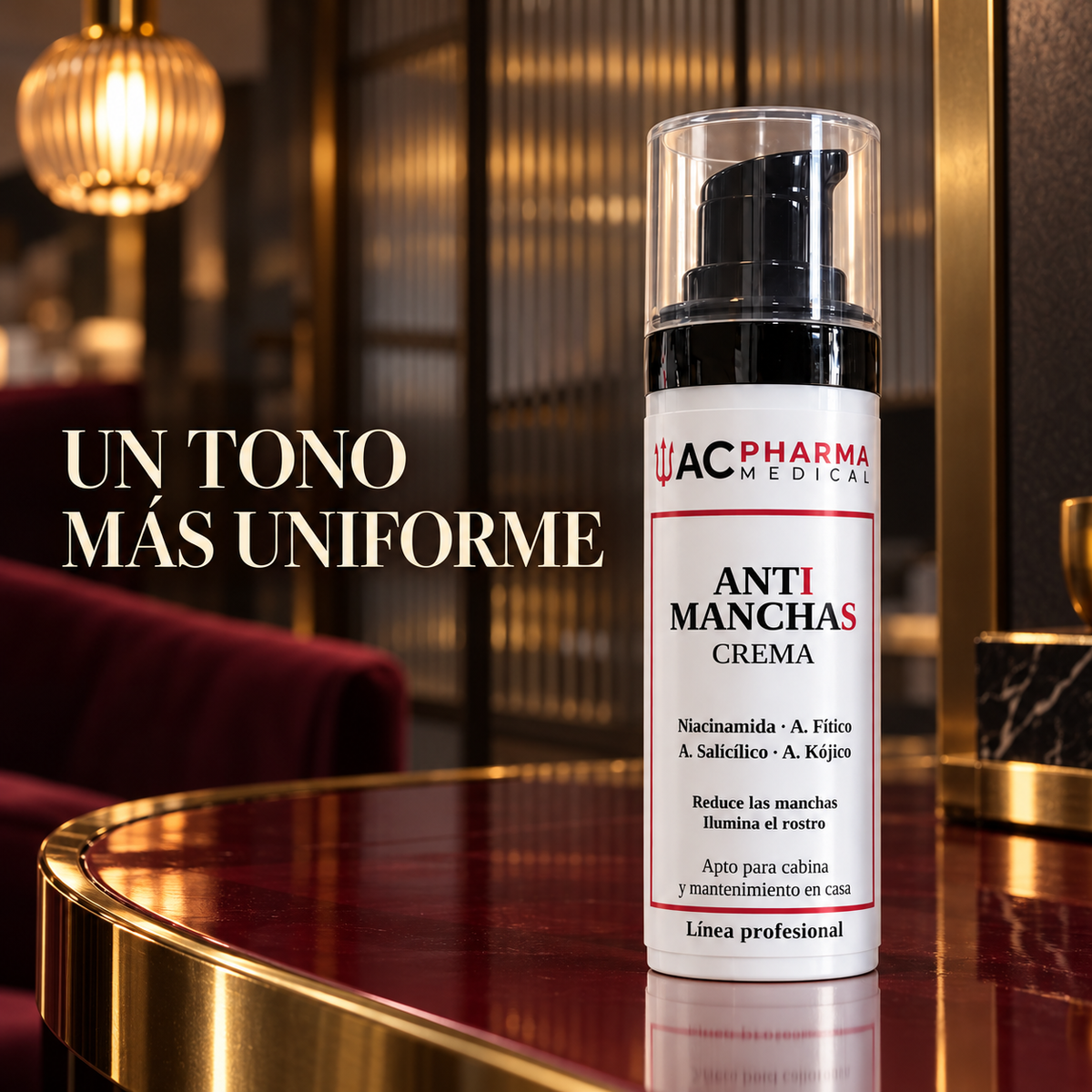 Crema antimanchas ACpharma Medical sobre una mesa lacada burdeos con el texto Un tono más uniforme