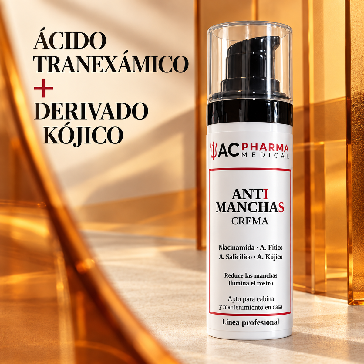 Crema antimanchas ACpharma Medical entre paneles ámbar con el texto Ácido tranexámico más derivado kójico