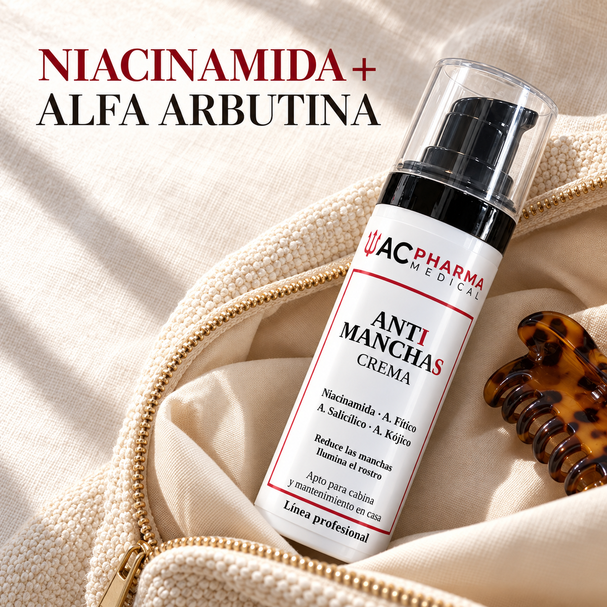 Crema antimanchas ACpharma Medical en un neceser con el texto Niacinamida más alfa arbutina