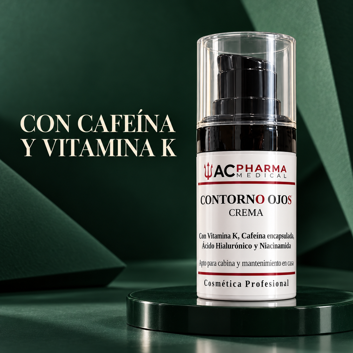 Contorno de ojos ACpharma Medical sobre fondo verde con el texto Con cafeína y vitamina K