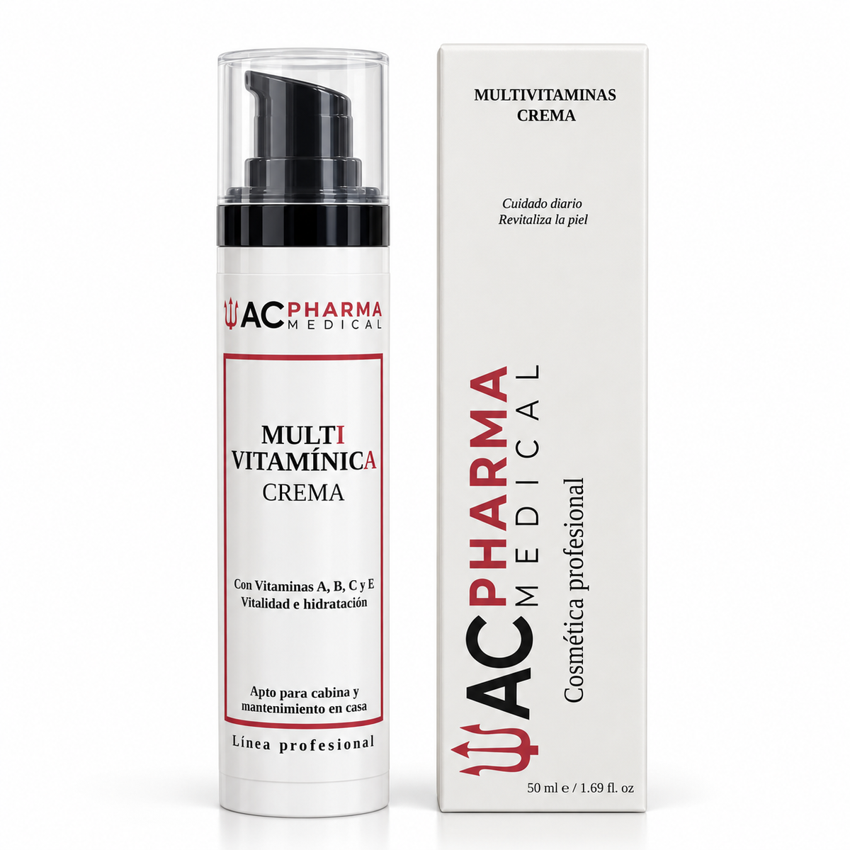 Crema facial multivitaminas ACpharma Medical de 50 ml con su caja sobre fondo blanco