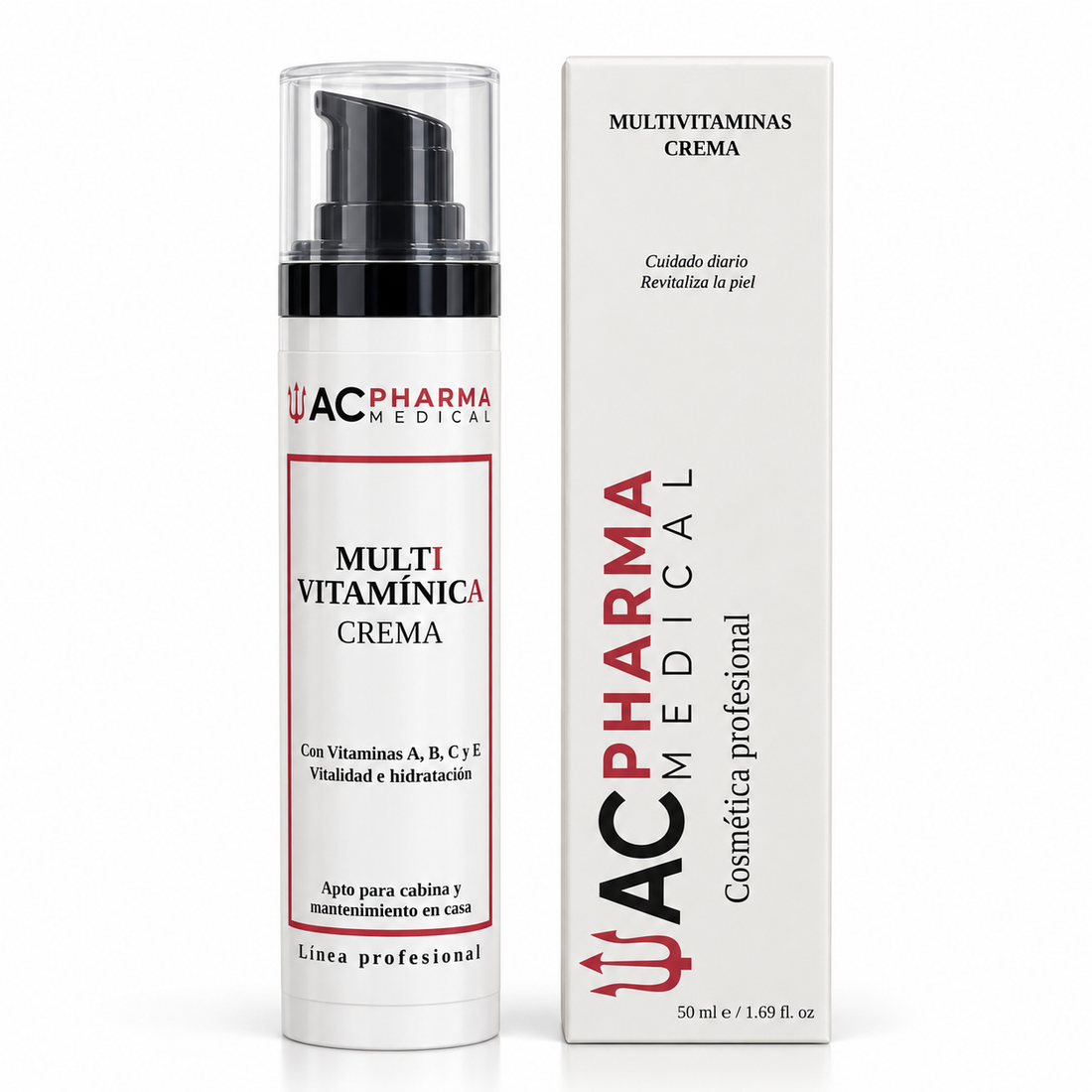 Crema Multivitamínica ACpharma de 50 ml en envase dosificador blanco con tapón transparente junto a su caja profesional