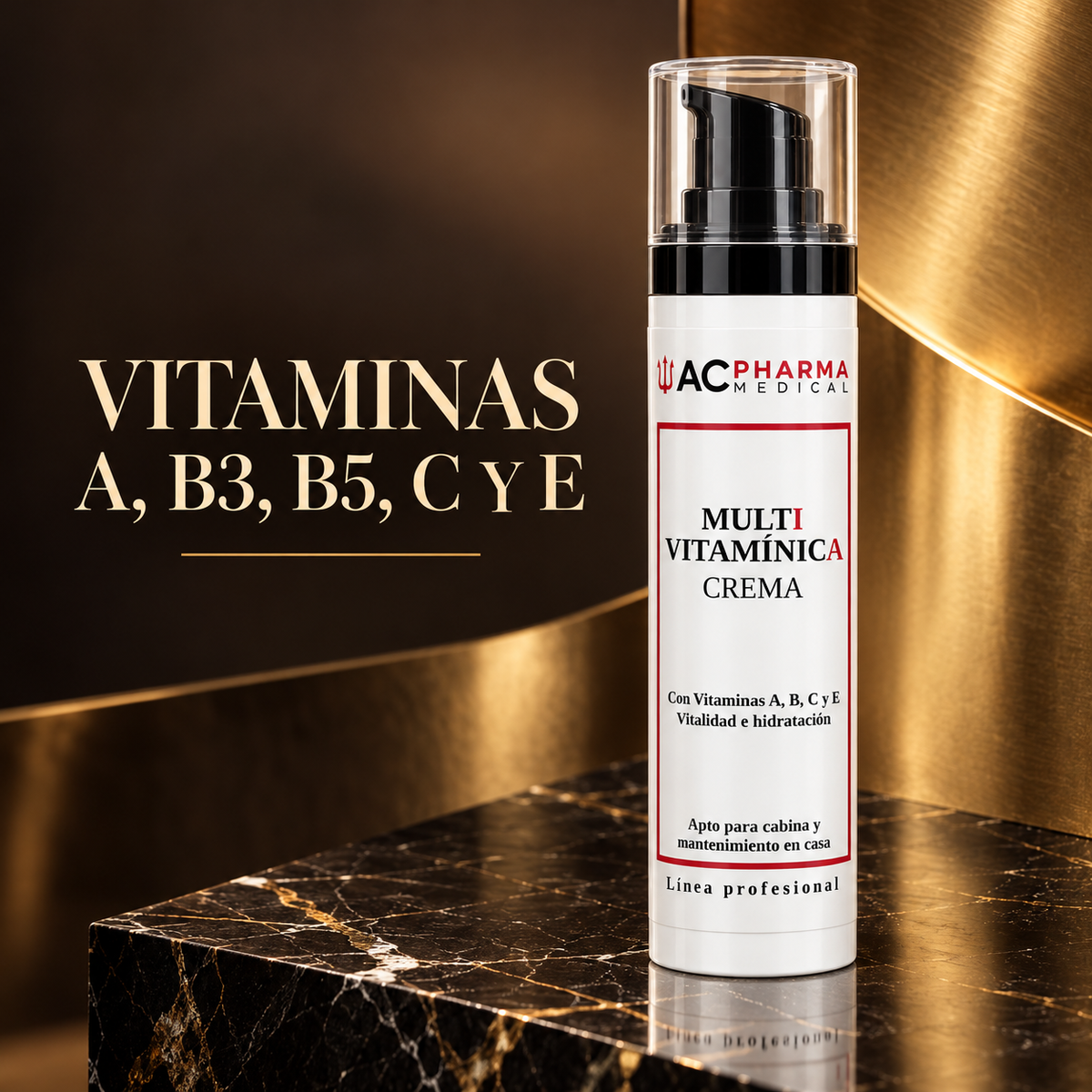 Crema multivitaminas ACpharma Medical sobre mármol negro con fondo dorado