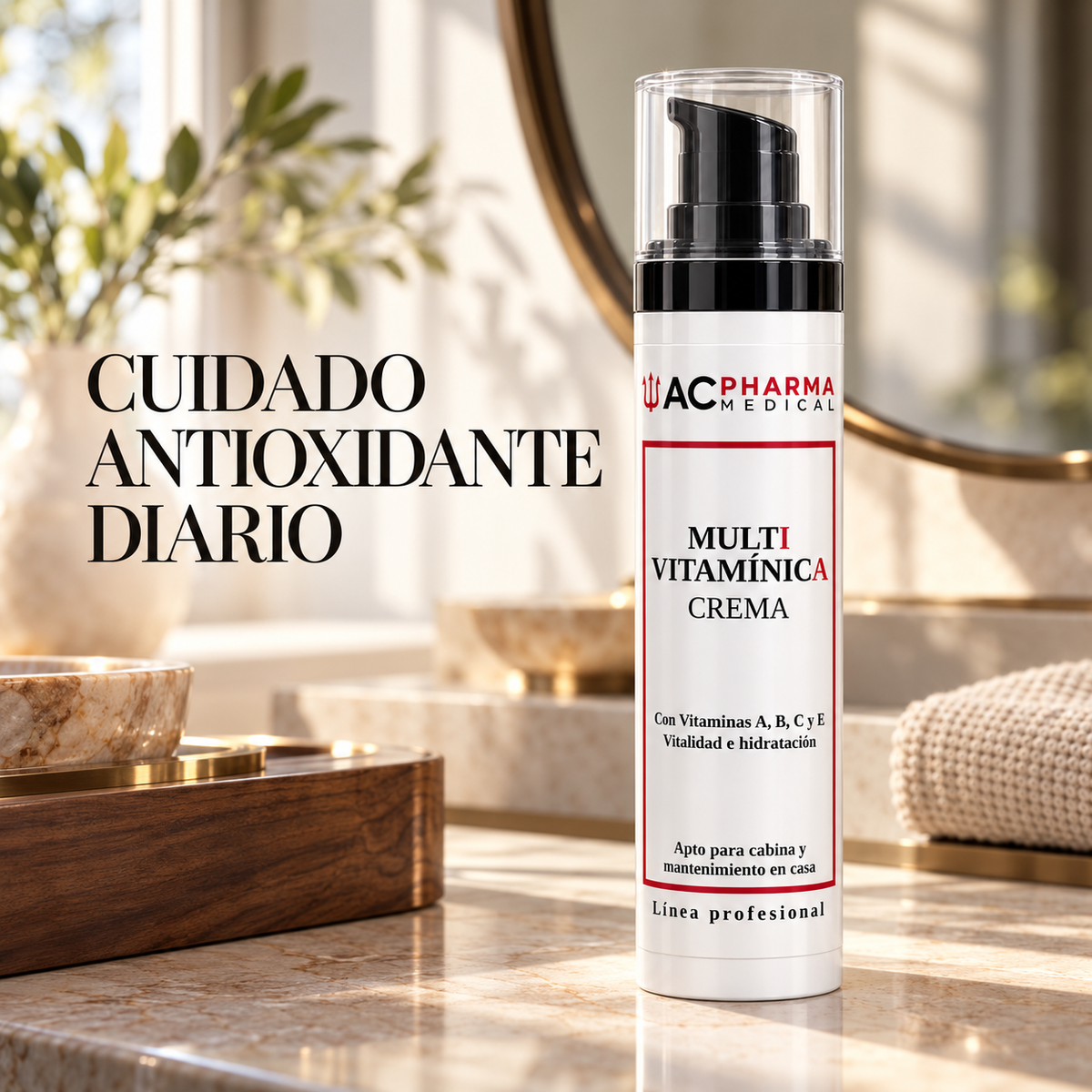 Crema multivitaminas ACpharma Medical en un tocador con el texto Cuidado antioxidante diario