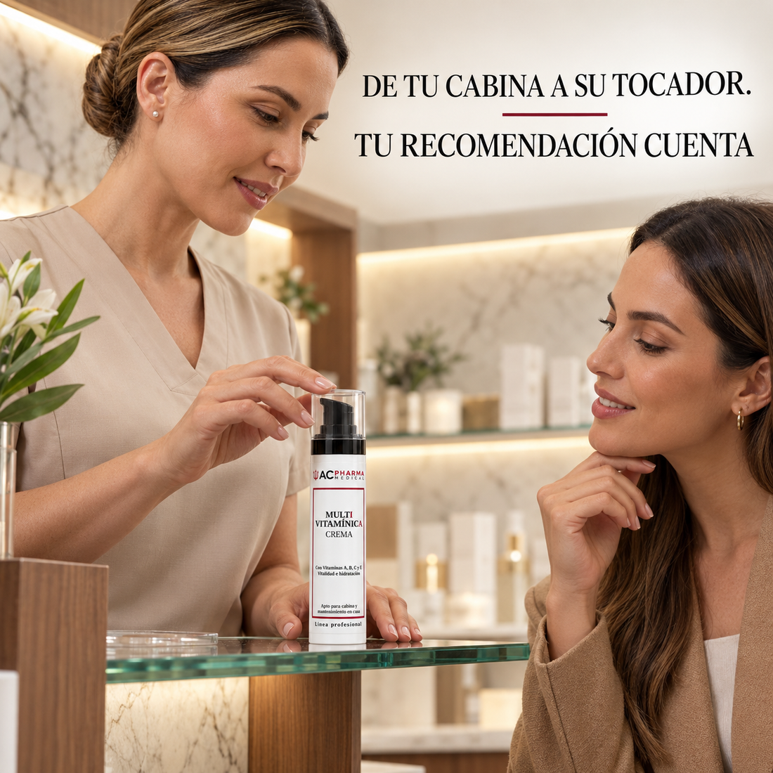 Crema Multivitamínica ACpharma de 50 ml en envase dosificador blanco con tapón transparente junto a su caja profesional