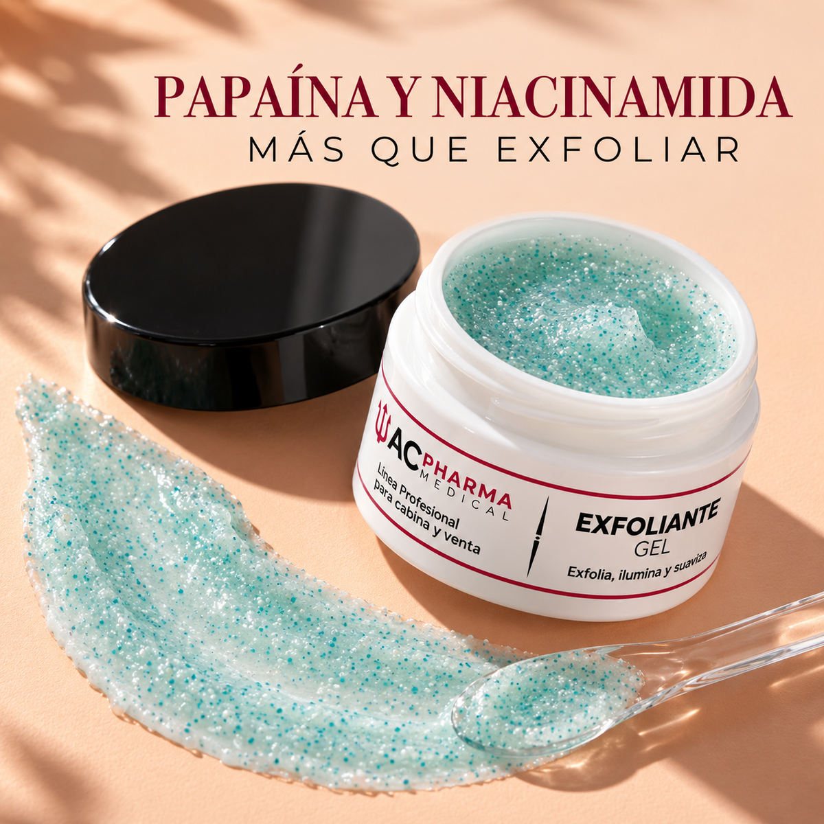 Tarro abierto de gel exfoliante con papaína y niacinamida ACpharma Medical, junto a una muestra de textura verde agua con partículas