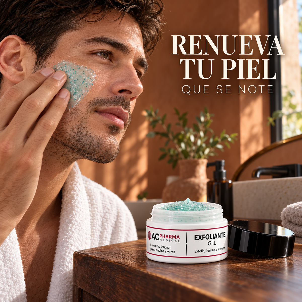 Hombre aplicando gel exfoliante facial ACpharma Medical en la mejilla, con el tarro abierto y su textura verde agua visible