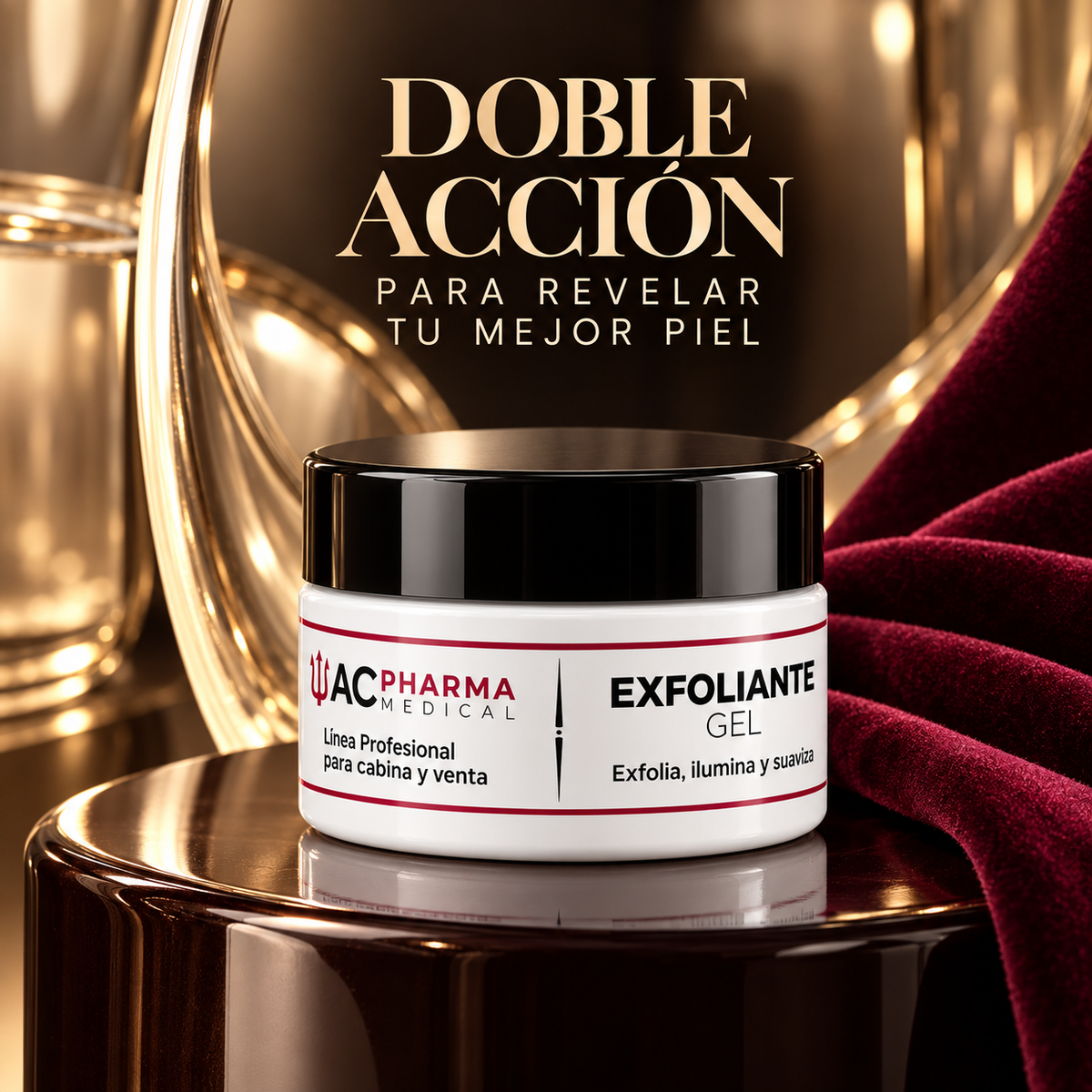 Gel exfoliante de doble acción ACpharma Medical sobre una base brillante, con fondo dorado y terciopelo burdeos