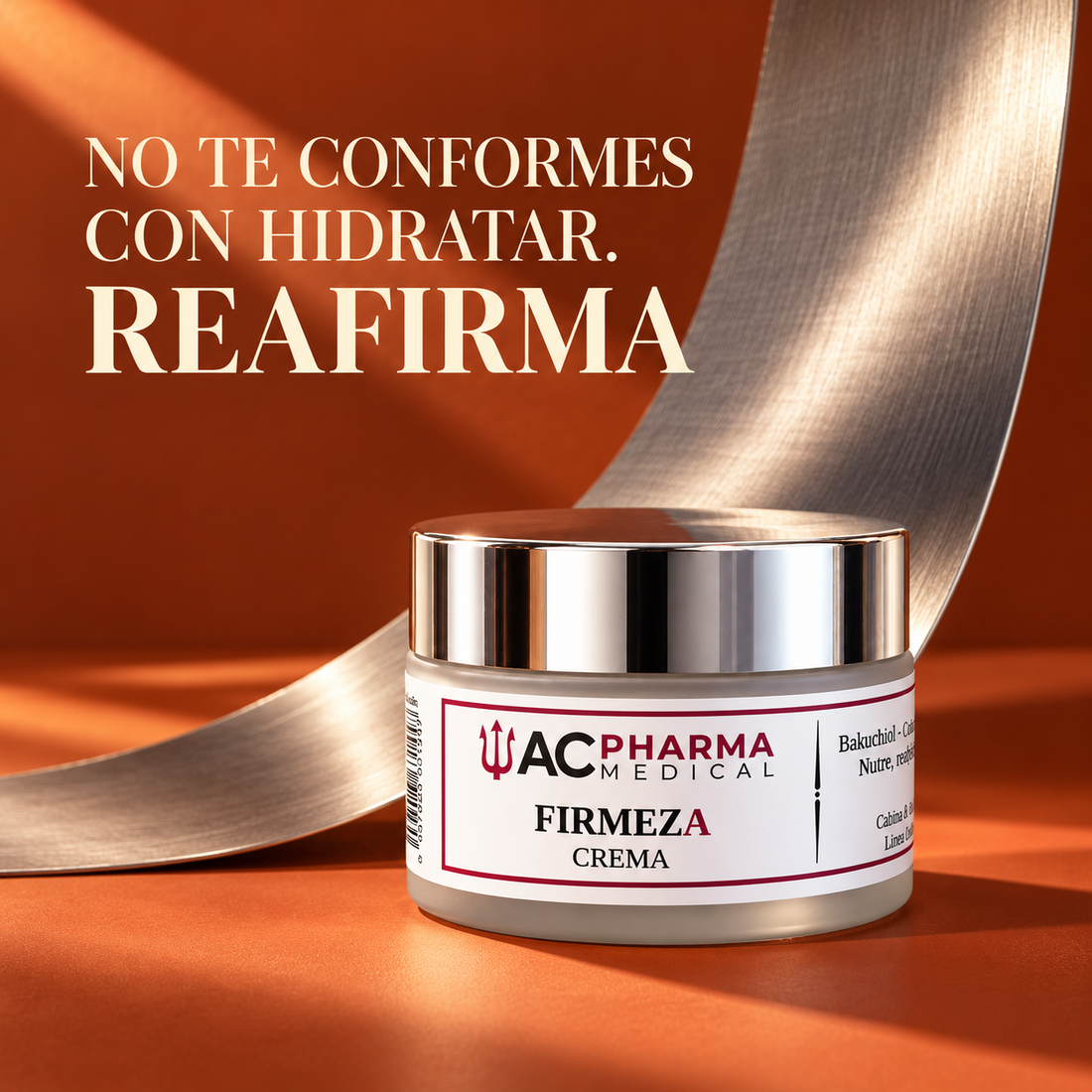 Tarro de crema Firmeza de ACpharma Medical con tapa plateada junto a su caja blanca con detalles burdeos, 50 ml.