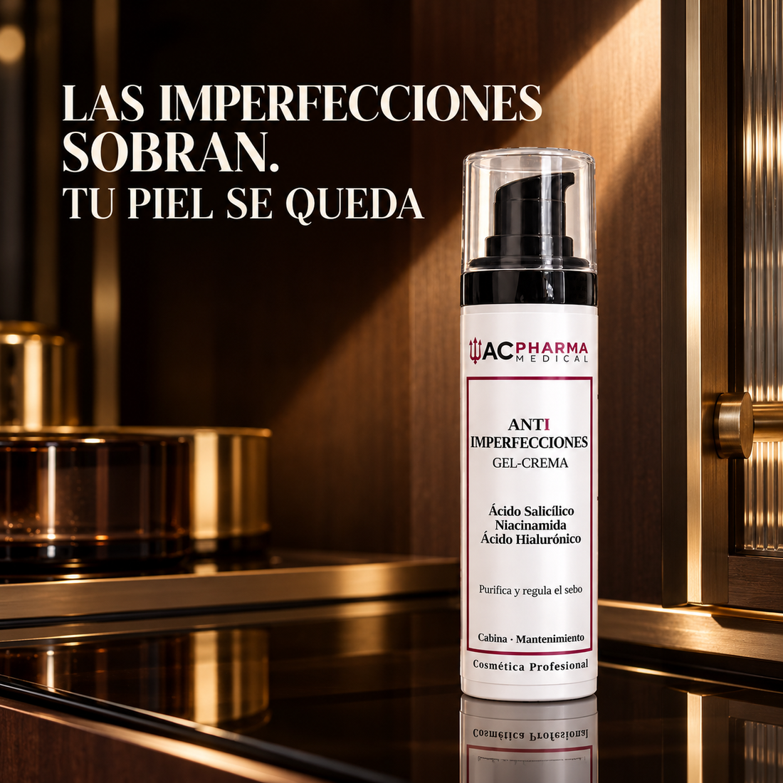 Gel-crema antiimperfecciones ACpharma de 50 ml con envase dosificador blanco y burdeos junto a su caja