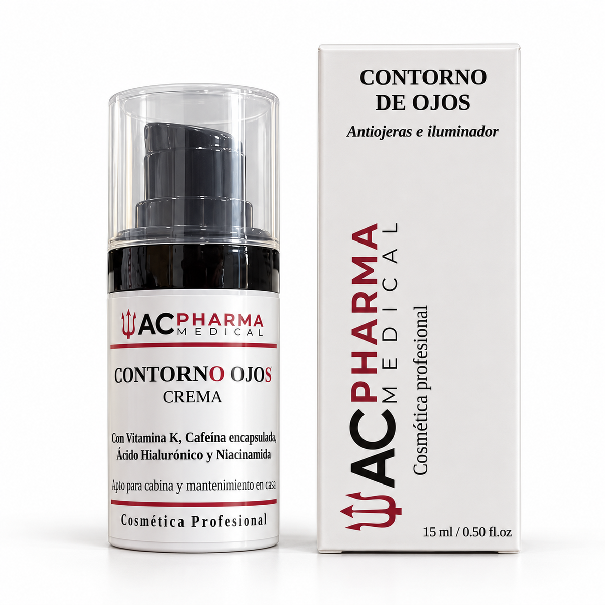 Contorno de ojos ACpharma Medical de 15 ml con su caja sobre fondo blanco