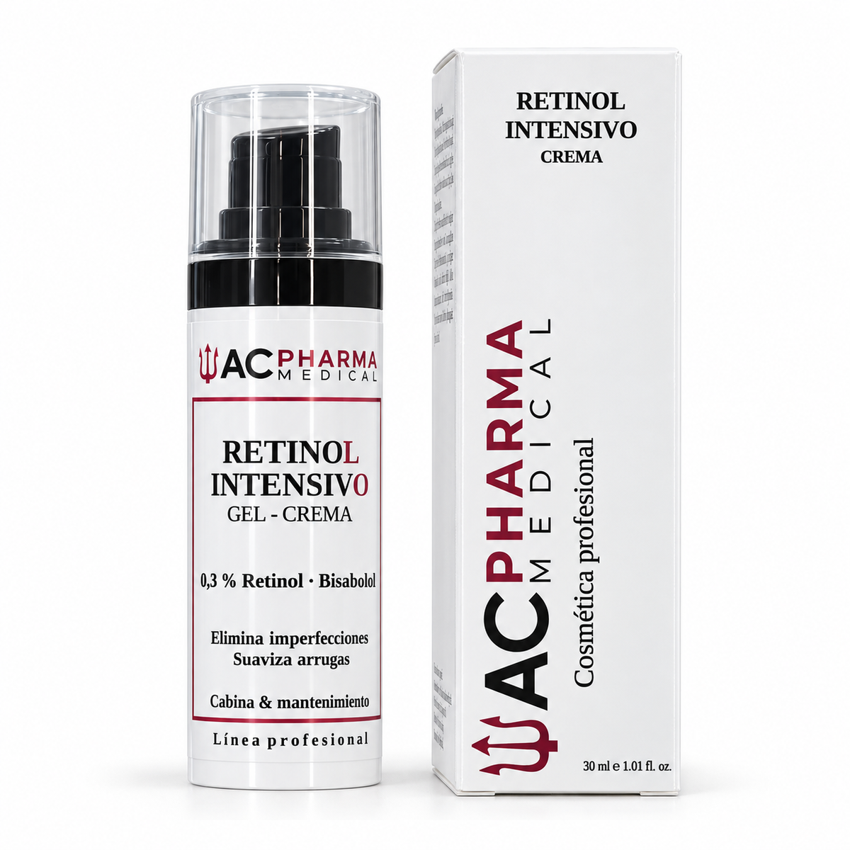 Envase y caja de crema facial Retinol Intensivo 0,3 % de ACpharma Medical, 30 ml.