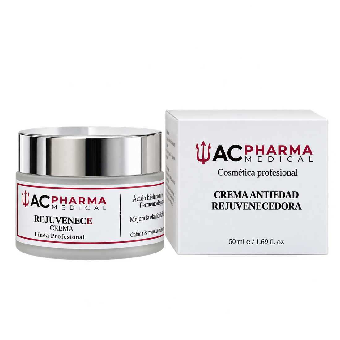 Tarro de crema Rejuvenece de ACpharma Medical junto a su caja blanca con logotipo burdeos, 50 ml
