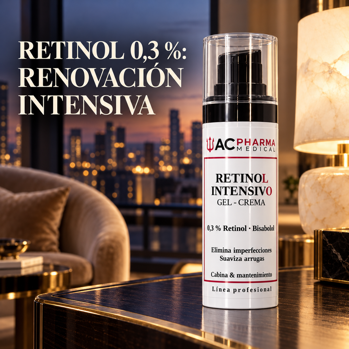 Crema con retinol 0,3 % de ACpharma Medical presentada en un escenario de lujo