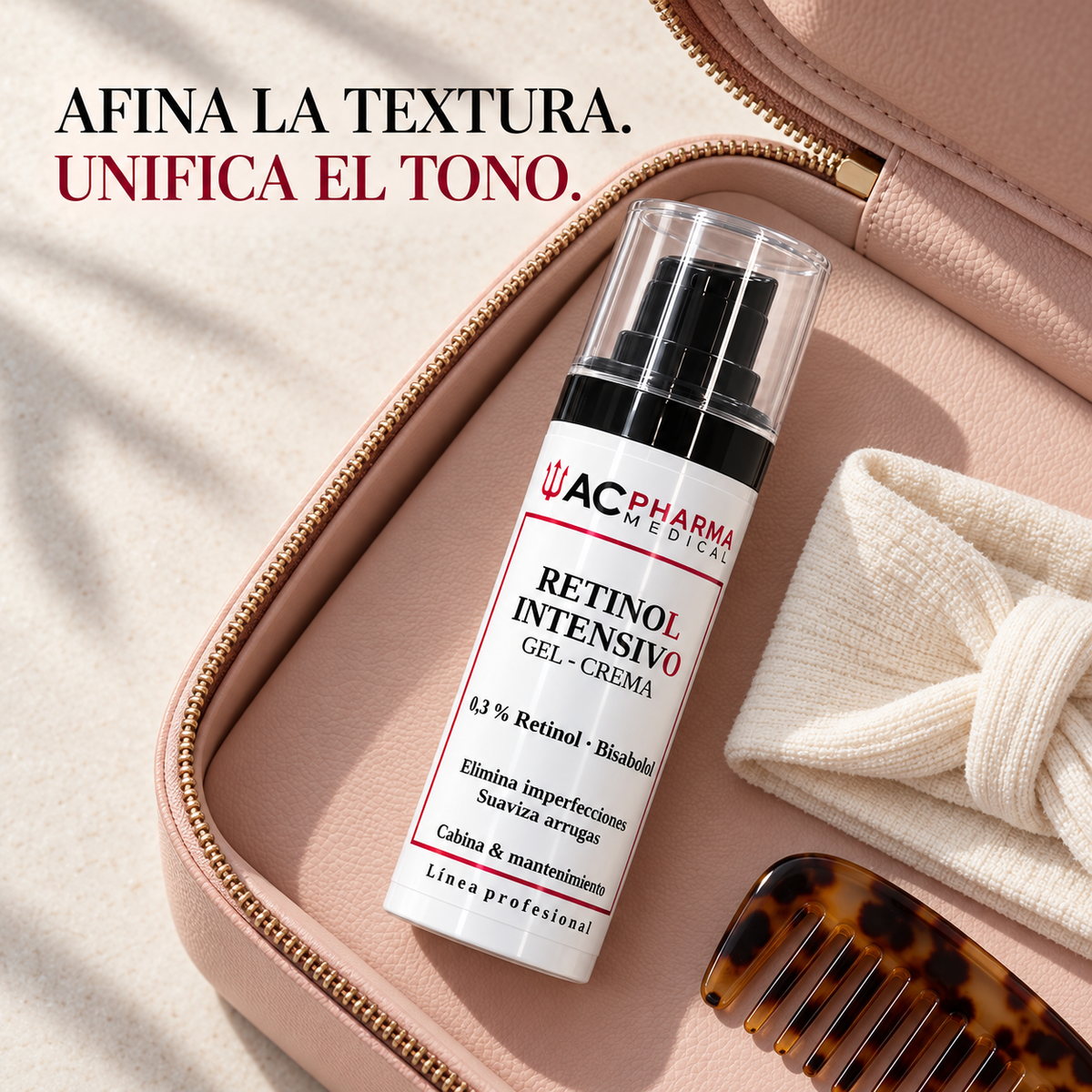 Envase de crema Retinol Intensivo de ACpharma Medical junto a un neceser