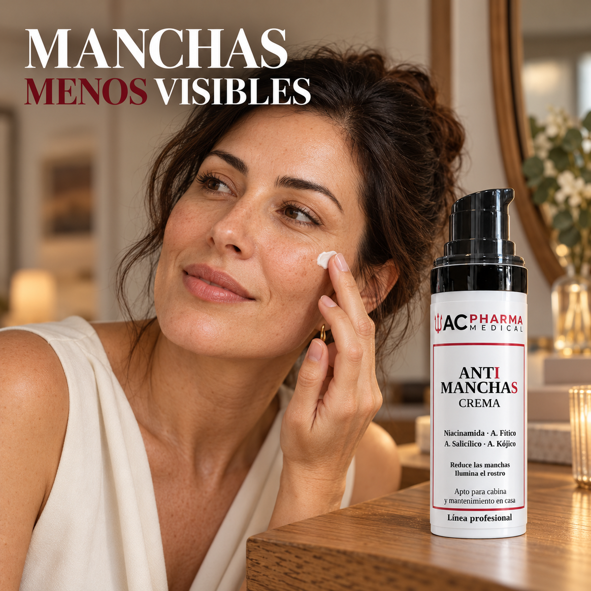 Mujer aplicándose la crema antimanchas ACpharma Medical en la mejilla junto al envase sin tapón