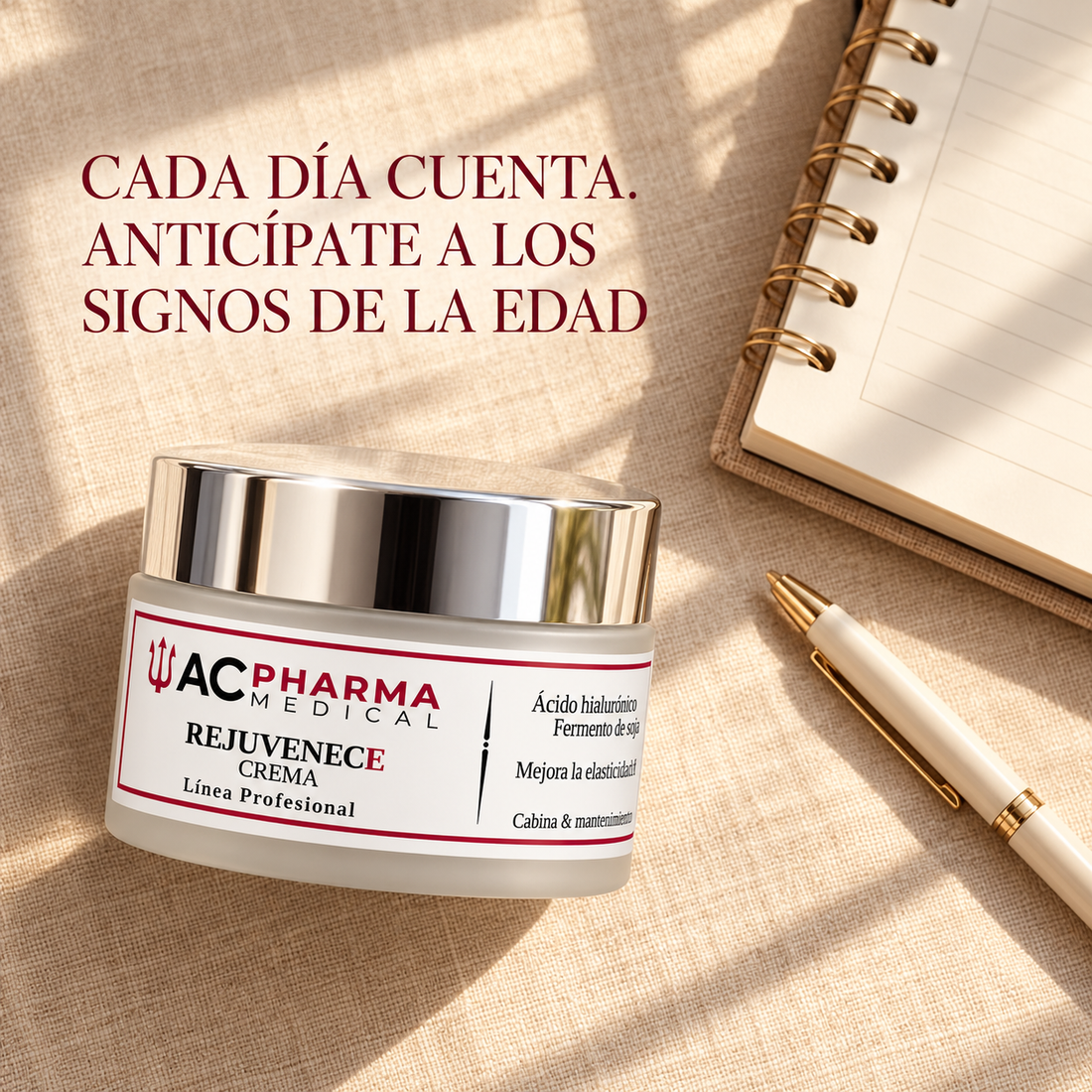 Tarro de crema Rejuvenece de ACpharma Medical junto a su caja blanca con logotipo burdeos, 50 ml