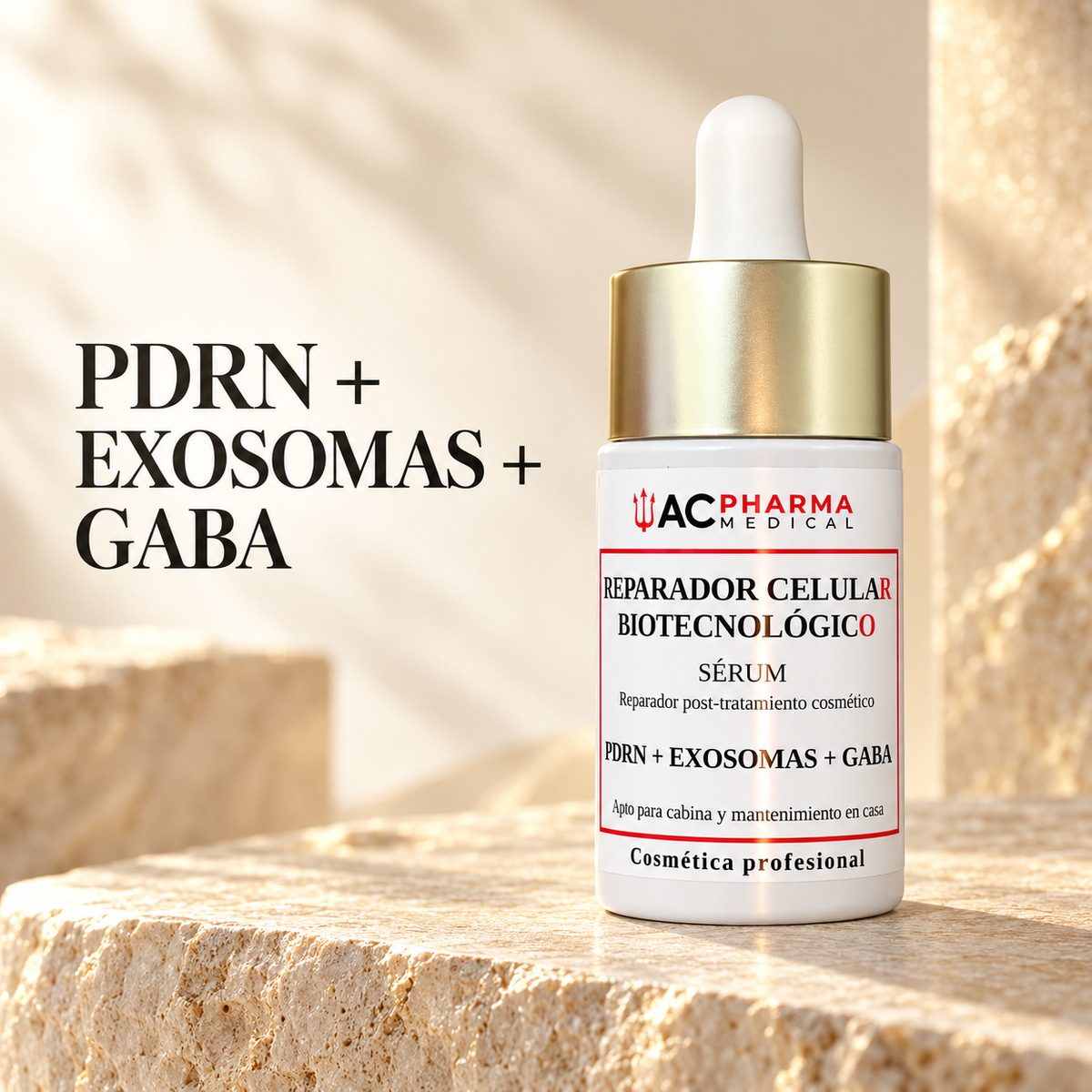 Sérum facial ACpharma Medical en un tocador con el texto Piel más firme y suave