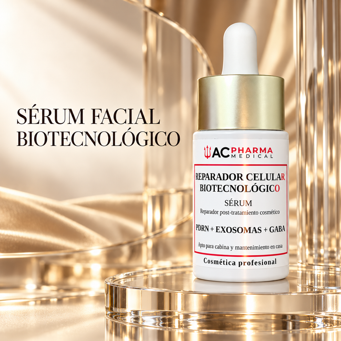 Sérum facial con PDRN, exosomas de Centella y GABA de ACpharma Medical sobre fondo blanco