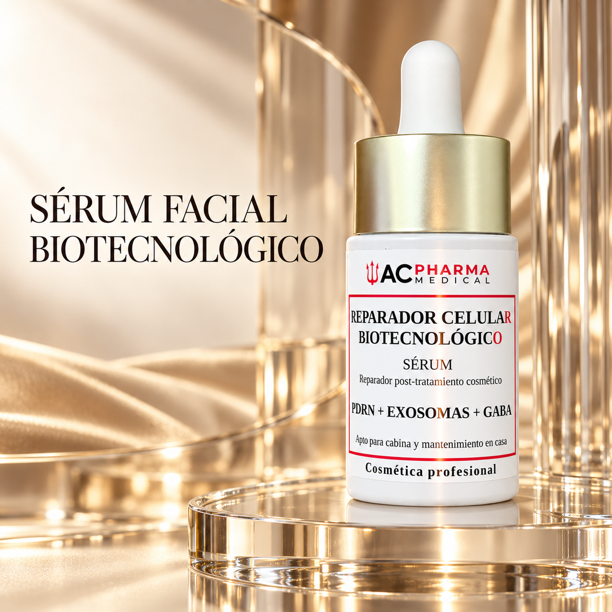 Sérum ACpharma Medical sobre una base de cristal con el texto Sérum facial biotecnológico