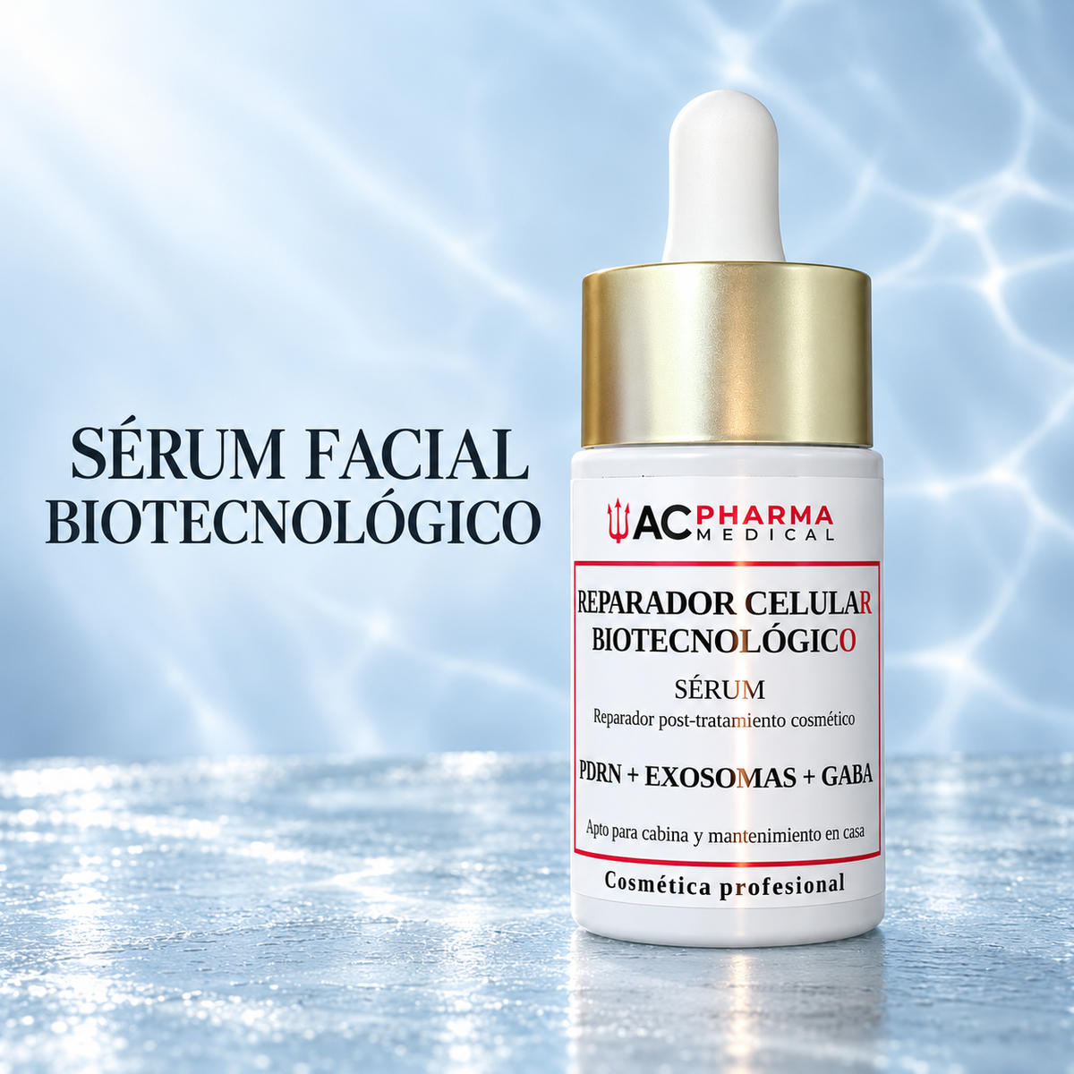 Sérum biotecnológico ACpharma Medical sobre piedra natural con el texto Hidratación y elasticidad