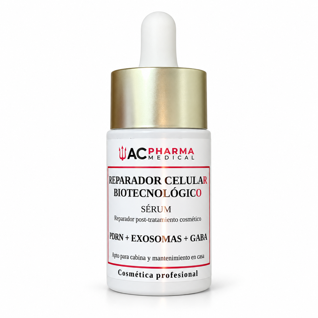 Sérum facial con PDRN, exosomas de Centella y GABA de ACpharma Medical sobre fondo blanco