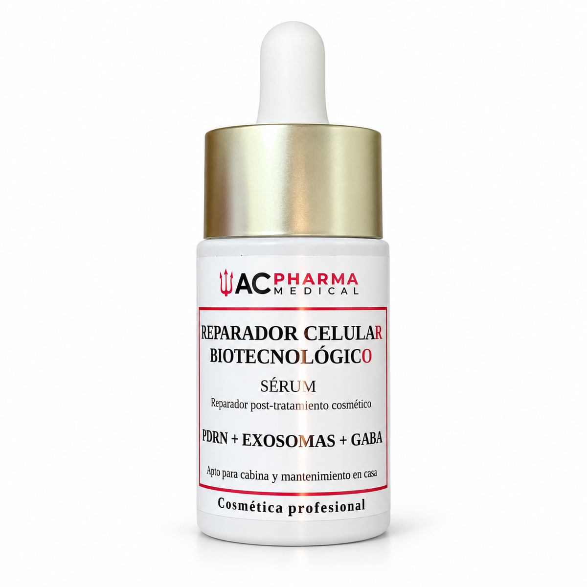 Sérum facial con PDRN, exosomas de Centella y GABA de ACpharma Medical sobre fondo blanco