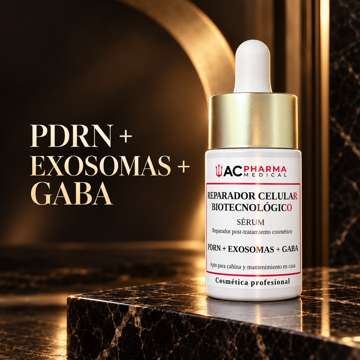 Sérum ACpharma Medical sobre mármol negro y fondo dorado con el texto PDRN + Exosomas + GABA