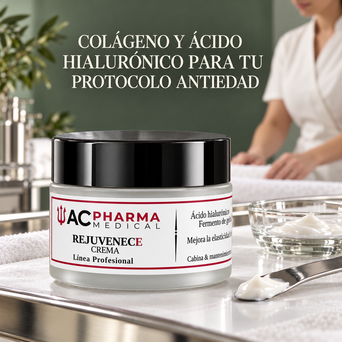 Crema antiedad Rejuvenece ACpharma de 50 ml en tarro de tapa negra junto a su caja de la línea profesional