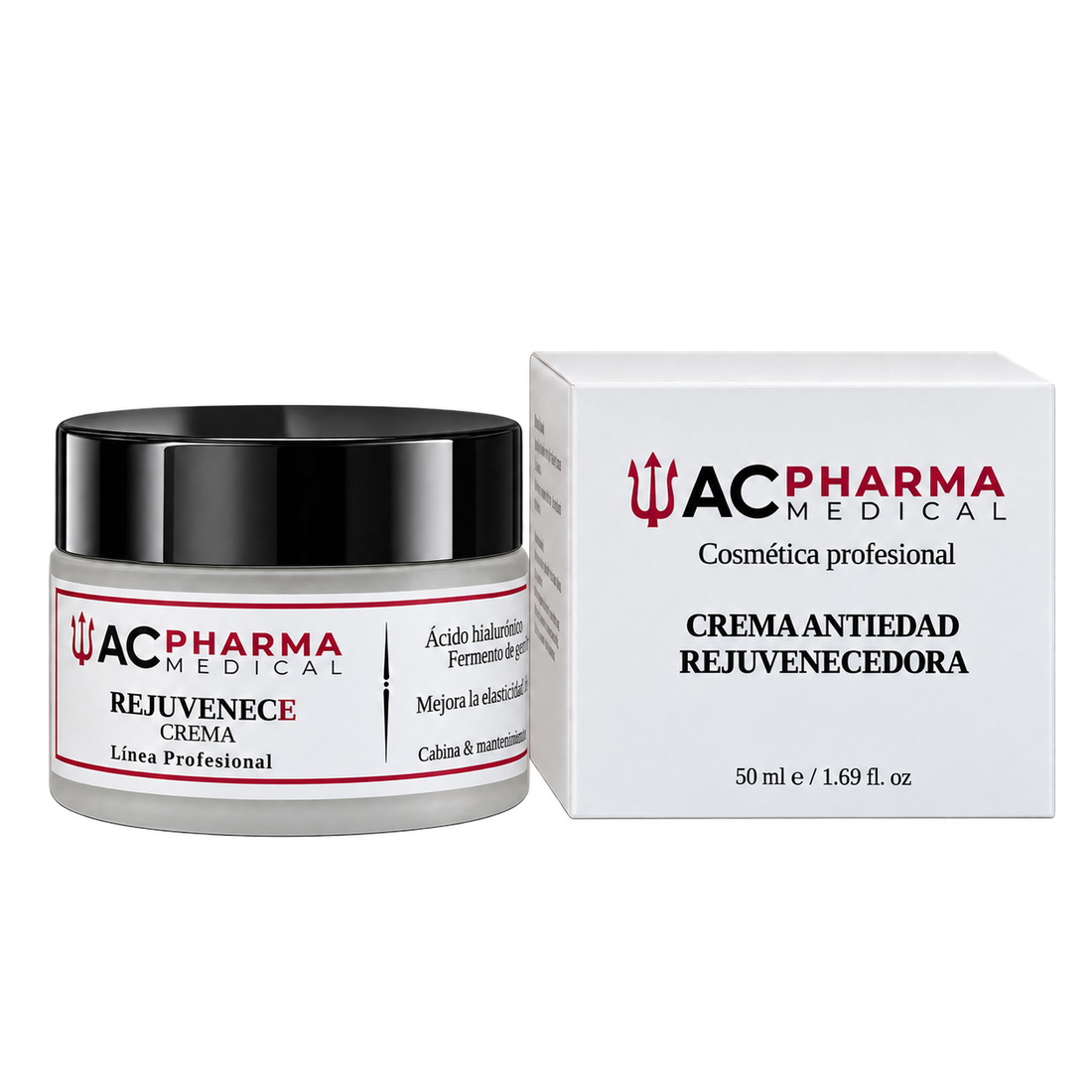 Crema antiedad Rejuvenece ACpharma de 50 ml en tarro de tapa negra junto a su caja de la línea profesional