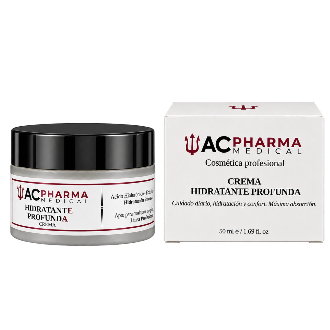 Crema Hidratante Profunda ACpharma Medical de 50 ml, tarro con tapa negra brillante junto a su caja de cosmética profesional