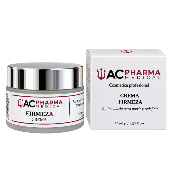Tarro de crema Firmeza de ACpharma Medical con tapa plateada junto a su caja blanca con detalles burdeos, 50 ml.