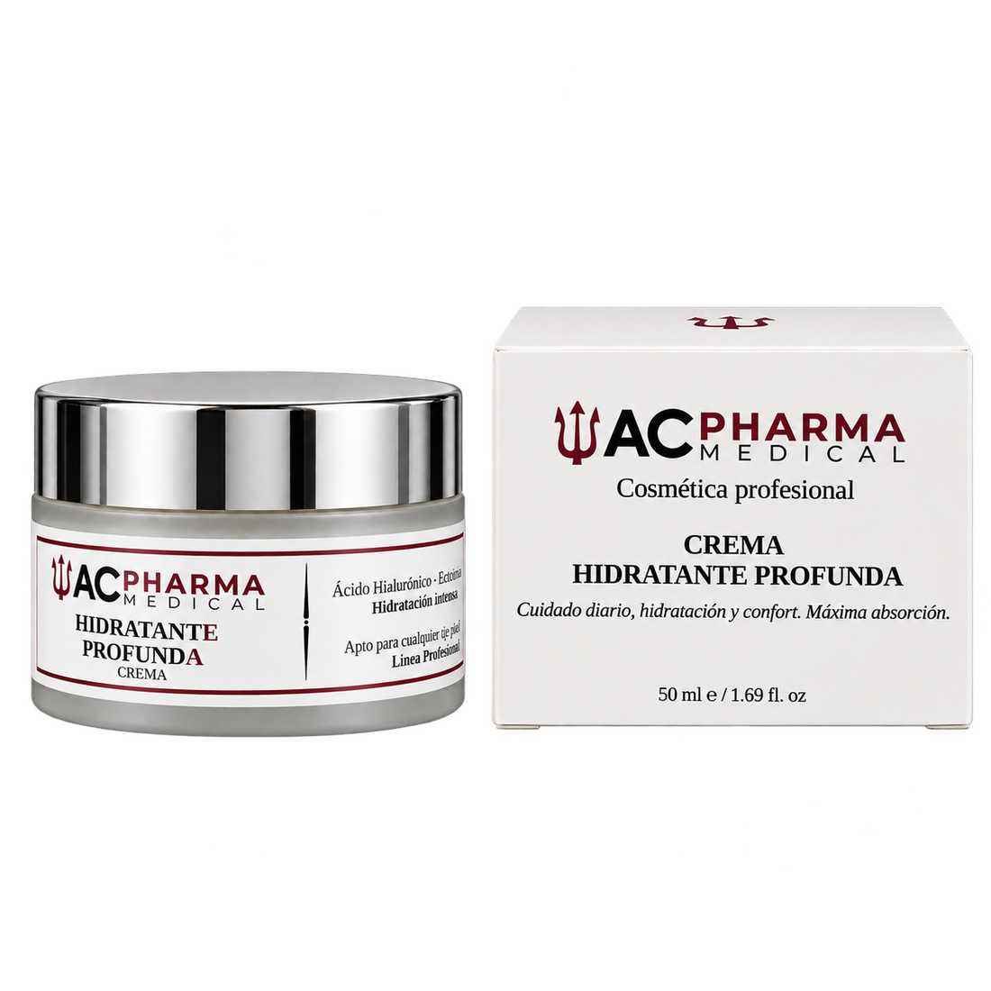 Tarro de Hidratante Profunda de ACpharma Medical y caja blanca con detalles burdeos, formato de 50 ml.