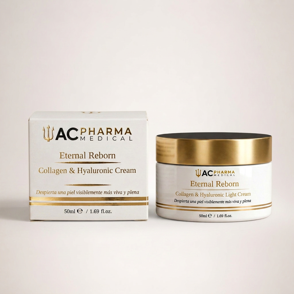 Crema facial Eternal Reborn de ACpharma Medical con colágeno marino y ácido hialurónico para una piel más firme y luminosa