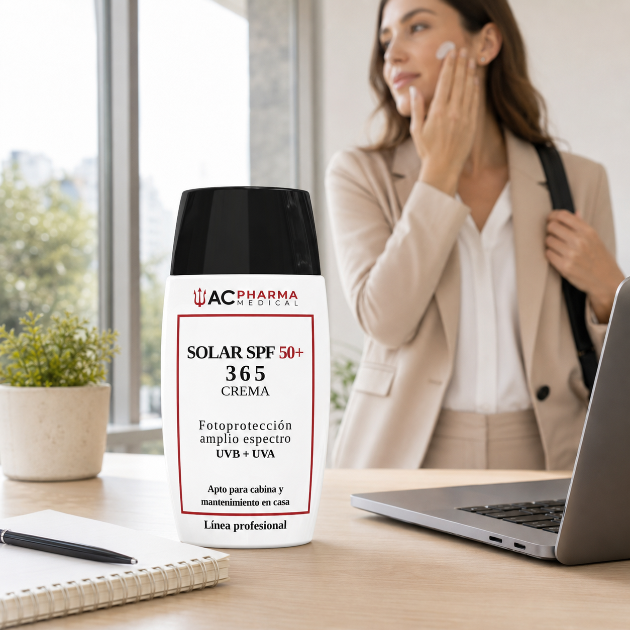 Protector solar facial SPF50+ 365 con envase iluminado por el sol
