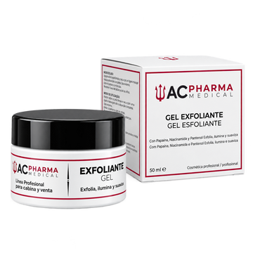 Gel exfoliante facial ACpharma Medical de 50 ml con papaína y niacinamida, en tarro blanco con tapa negra junto a su caja
