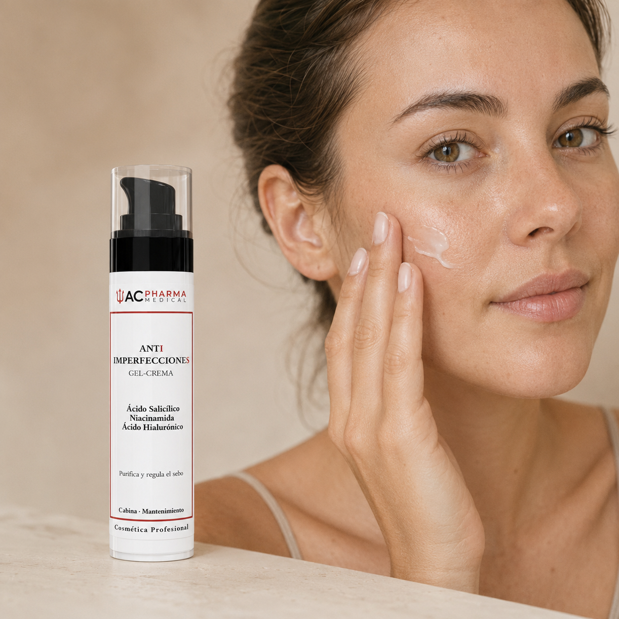 Mujer aplicando gel-crema facial para controlar grasa y brillos