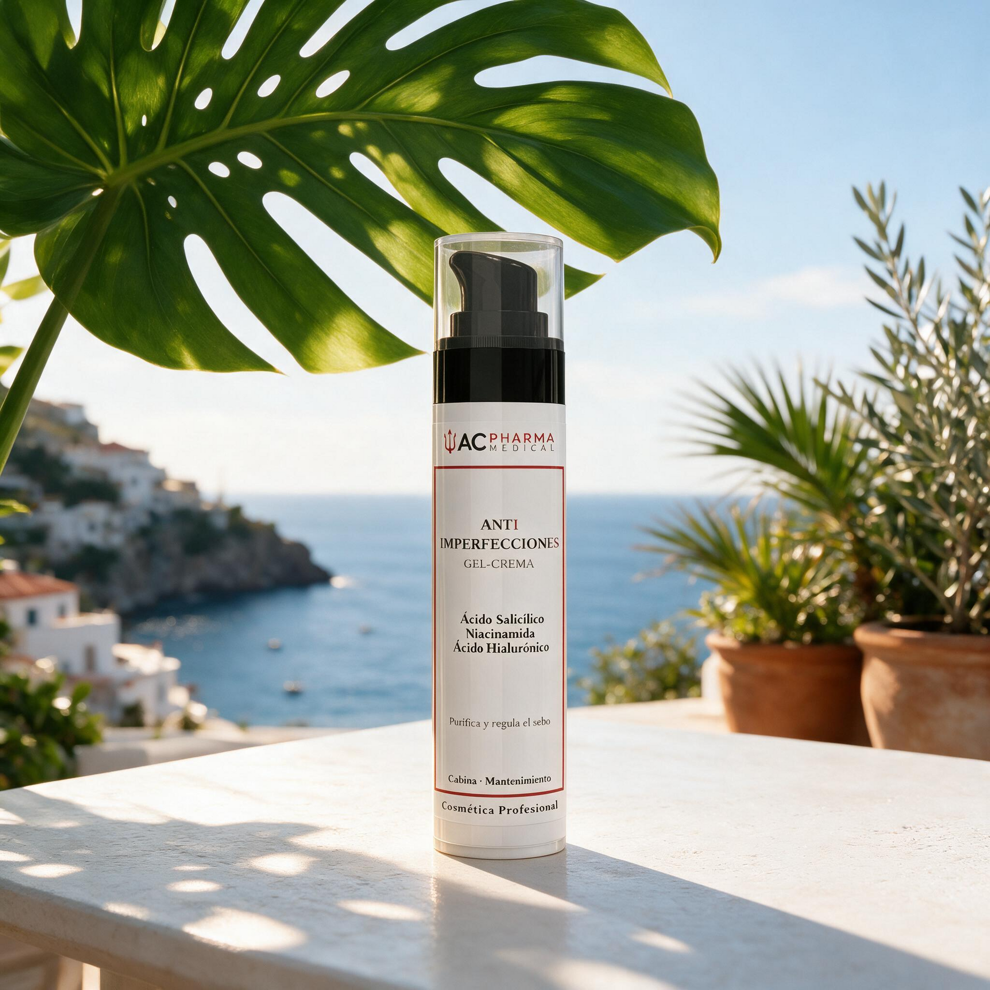 Gel-crema equilibrante para piel grasa con paisaje mediterráneo