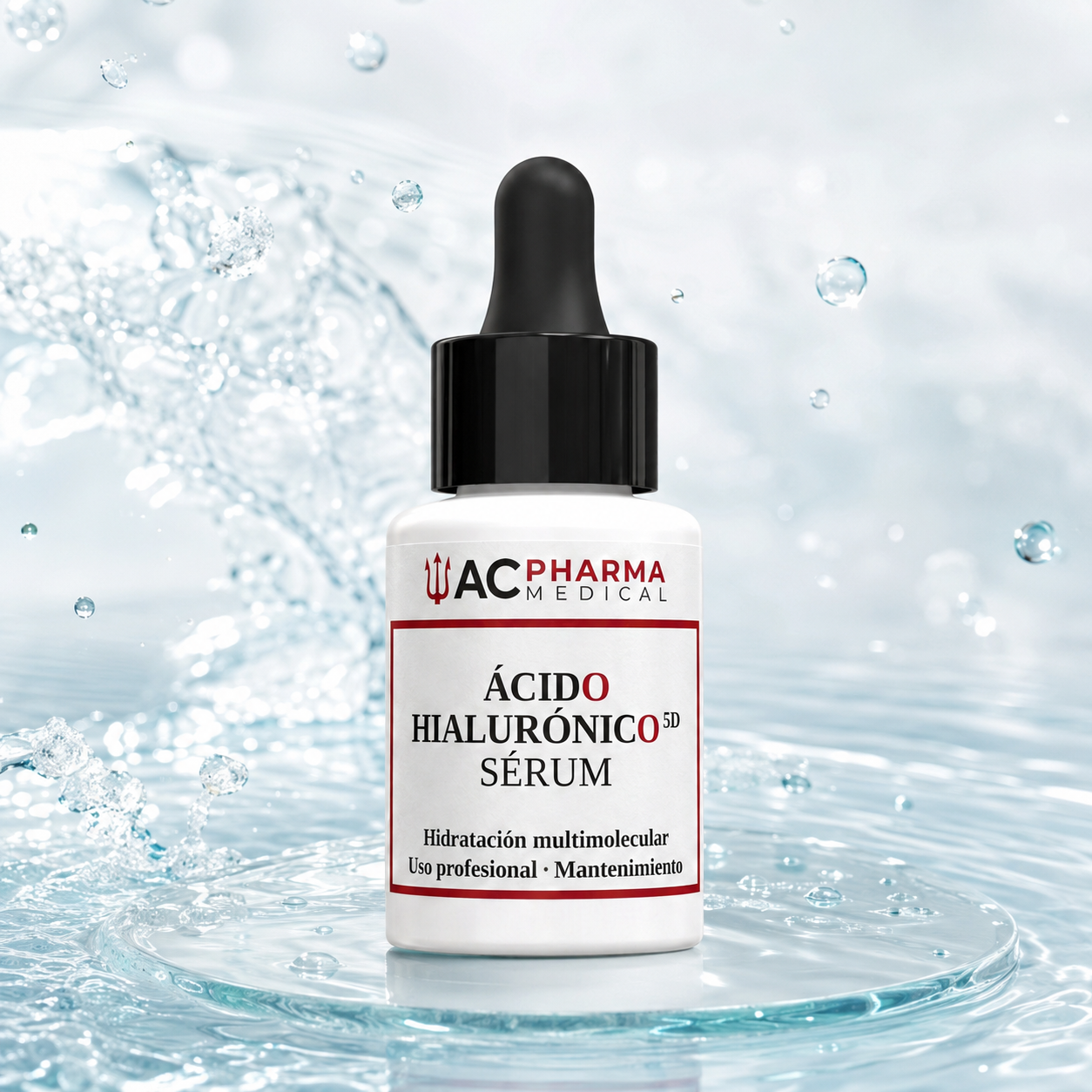 Sérum de ácido hialurónico ACpharma Medical sobre fondo de agua y gotas